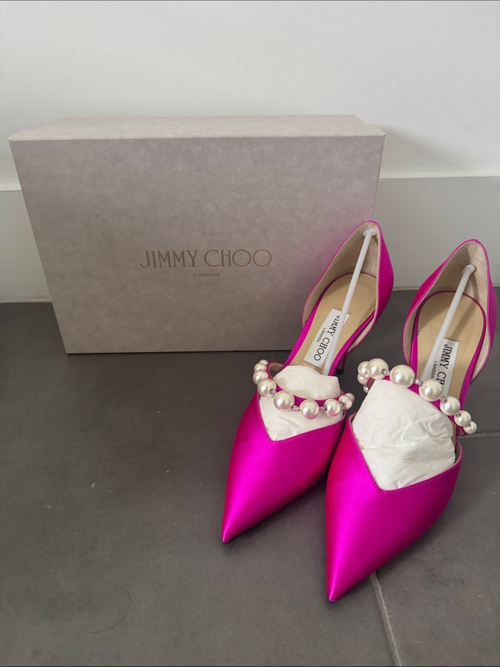 Jimmy Choo Hot Pink Satin Pearl-Embellished Pointed Slingbacks